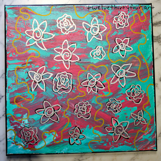 Pink and Teal Flowers painting